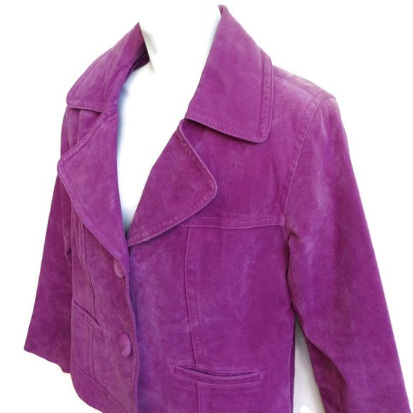 Chicos Suede LeaTHeR Jacket Raspberry Pink Poly Lining 1 M 8 - Picture 2 of 10